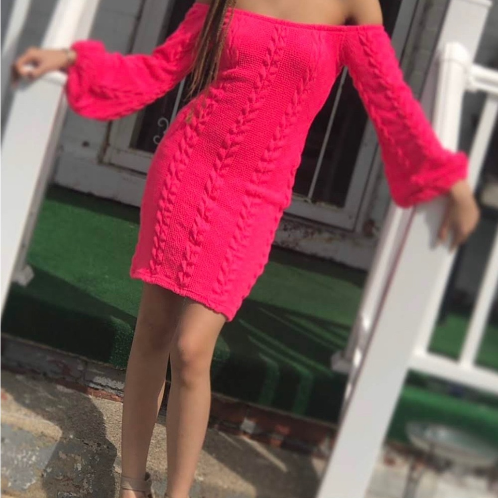 Pink off the shoulder dress.